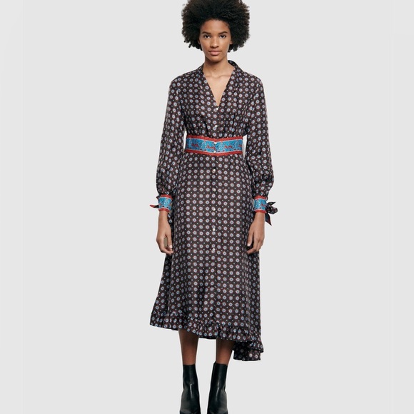 SANDRO Catlyn Printed Silk Midi Dress in Black - Picture 3 of 14